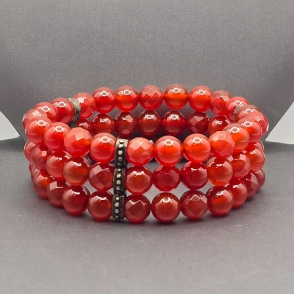 VTG WK Sterling Silver & Red Carnelian 8mm Beaded 3 Strand Stretch Bracelet 7" - Picture 1 of 16
